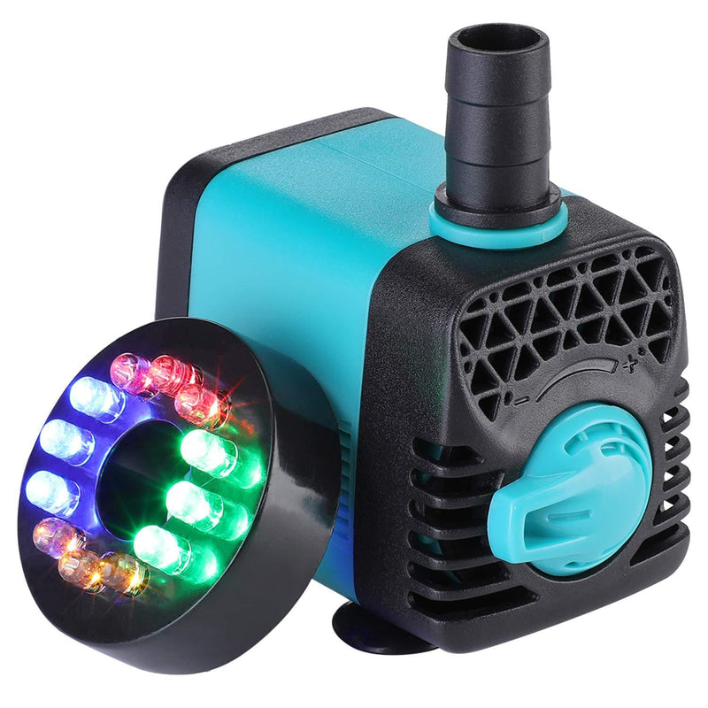 KEDSUM 130GPH Submersible Pump (600L/H,10W), Ultra Quiet Water Pump with 12 LED Colorful Lights, Fountain Pump with 3ft High Lift, 2 Nozzles for Fish Tank, Pond, Aquarium, Statuary, Hydroponics AC Water Pump 130GPH-With Light - PawsPlanet Australia