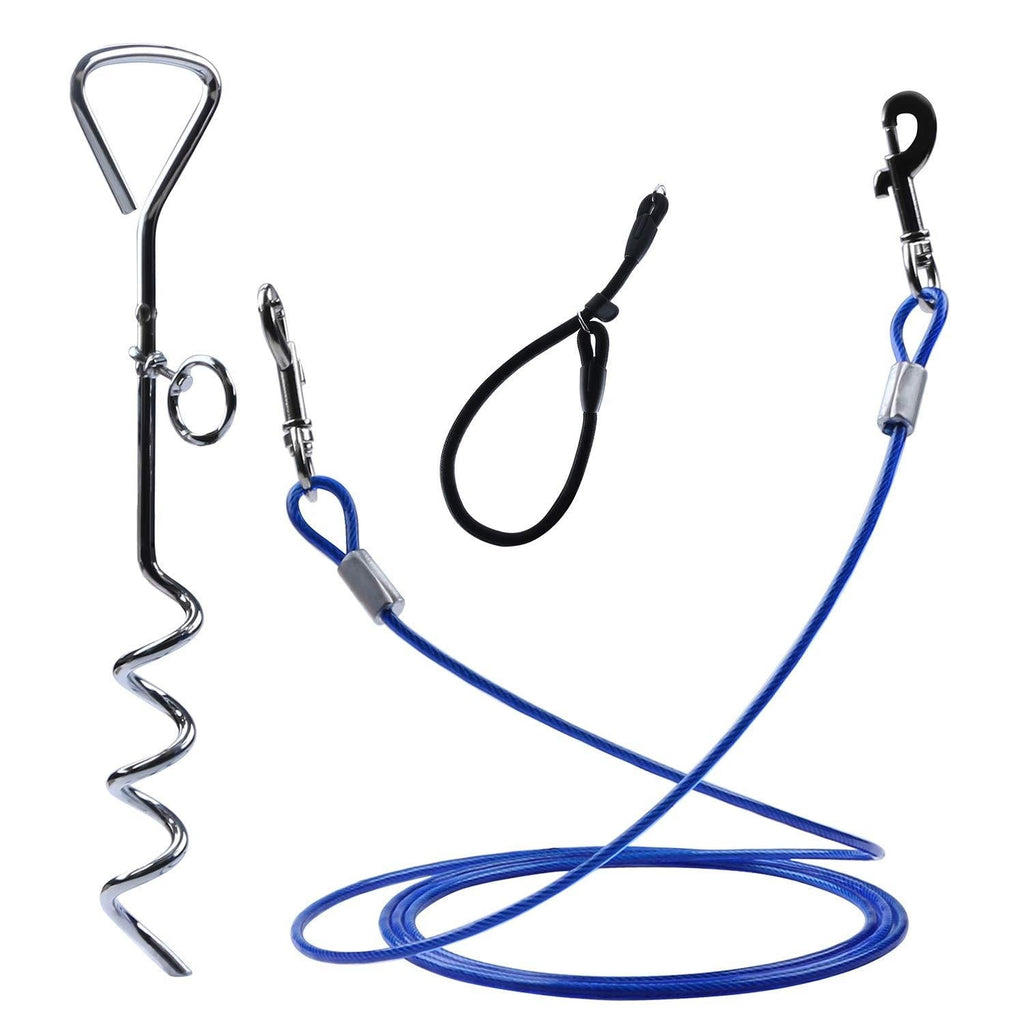 [Australia] - BSMTech Dog Tie Out Cable and Stake, 10Ft 16Ft Tie Out Cable, Stainless Spiral Stake and Adjustable Dog Collar - Complete for Small Medium Dogs to Play in The Yard or Outdoors blue 