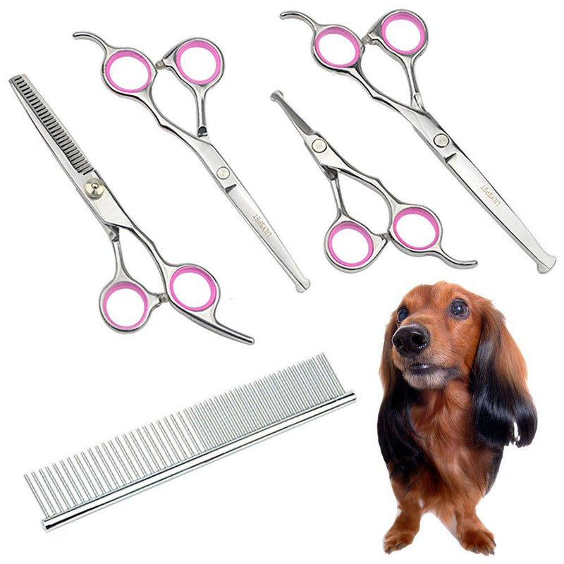 [Australia] - LILYS PET 5 PCS Round Tips Pet Grooming Scissors Kit for Dogs Cats Body Face Ear Nose Paw,6.5" Straight Scissor,6.5" Thinning Scissor,5.5" Straight Scissor, 4.5" Face Scissor and Comb 