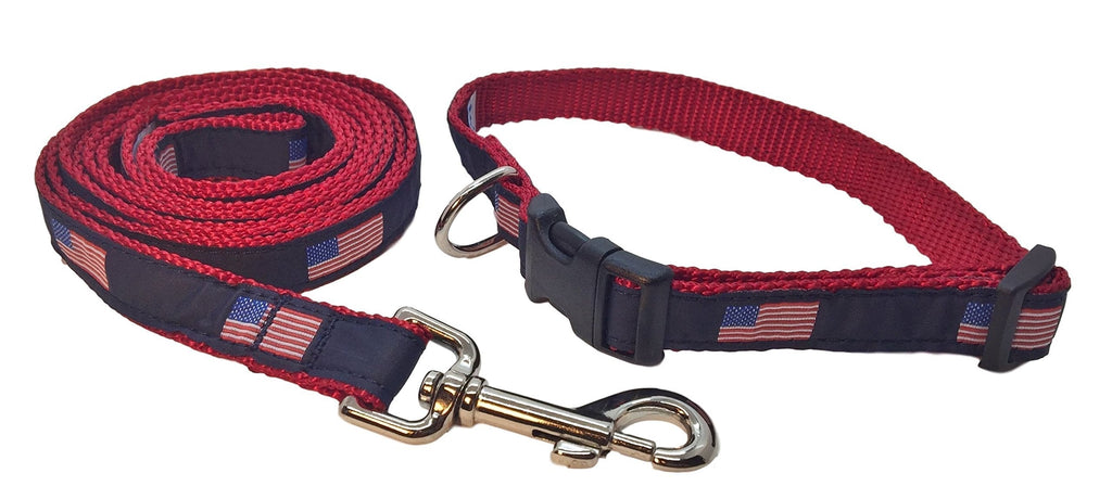 [Australia] - Preston American Flag Dog Collar and Leash Set – American Flag on Navy Blue Ribbon with Red Nylon Webbing Extra Small 