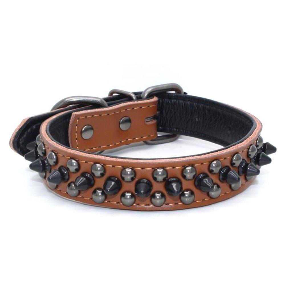 [Australia] - Dogs Kingdom 14.5"-20" Soft Genuine Leather Padded Black Mushrooms Spiked Rivet Studded Adjustable Pet Collar for Puppy Small Medium Dogs L Brown 