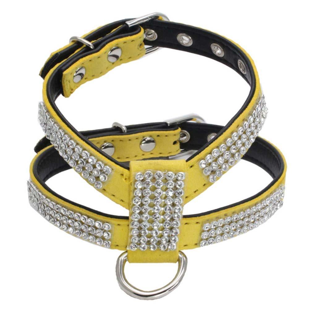 [Australia] - Dogs Kingdom Full Shining Leather Pet Dog Harness Customized Rhinestone Puppy Small Medium Dog Chihuahua Harness M Yellow 