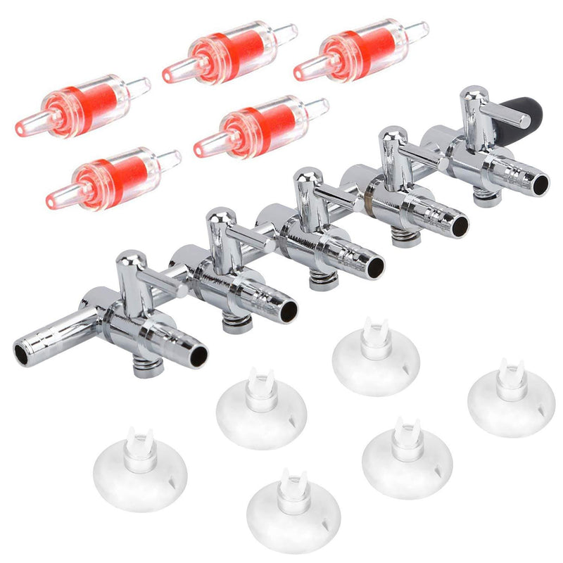 [Australia] - Pawfly 5-Way Aquarium Air Flow Control Lever Valve Distributor Splitter Pump Accessories Set with 5 Check Valves & 6 Suction Cups for Fish Tank 