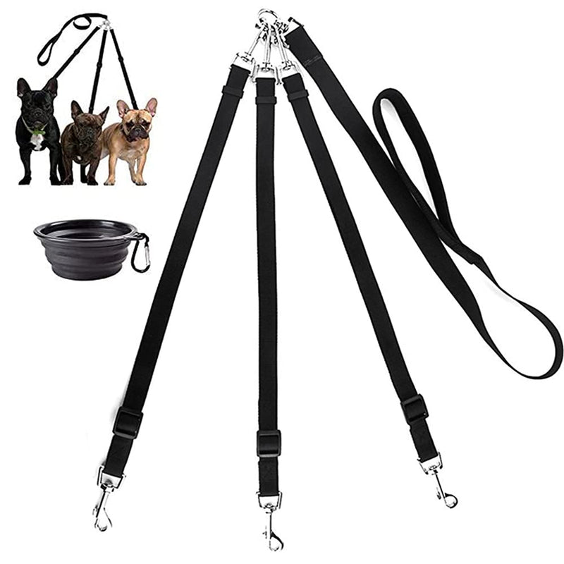 3 Way Dog Leash + a Collapsible Travel Bowl, Nylon Adjustable Coupler No Tangle Detachable 3 in 1 Multiple Dog Pet Cat Puppy Leash with Soft Padded Handle Black - PawsPlanet Australia