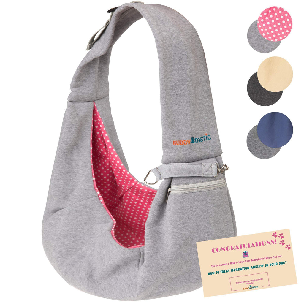 [Australia] - BUDDY TASTIC Pet Sling Carrier - Reversible and Hands-Free Dog Bag with Adjustable Strap and Pocket - Soft Puppy Sling for Pets up to 13 lbs Grey/Pink 