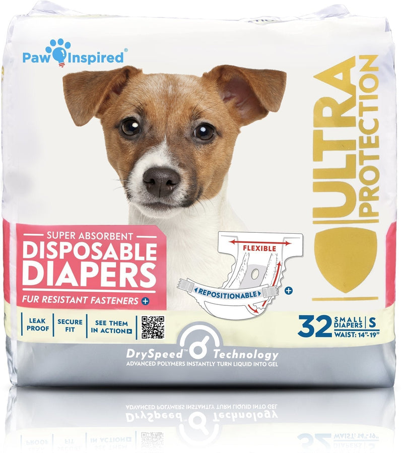 [Australia] - Paw Inspired 32ct Disposable Dog Diapers | Female Dog Diapers Ultra Protection | Diapers for Dogs in Heat, Excitable Urination, or Incontinence Small 