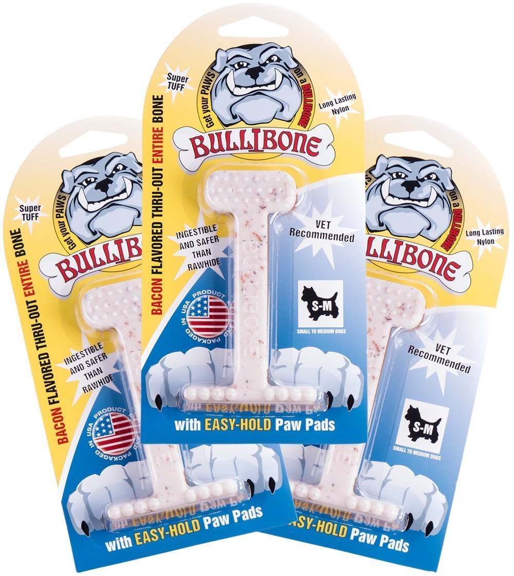 Bullibone Nylon Dog Chew Toy Nylon Bone - Improves Dental Hygiene, Easy to Grip Bottom, and Permeated with Flavor Bacon Small - 3 Pack - PawsPlanet Australia