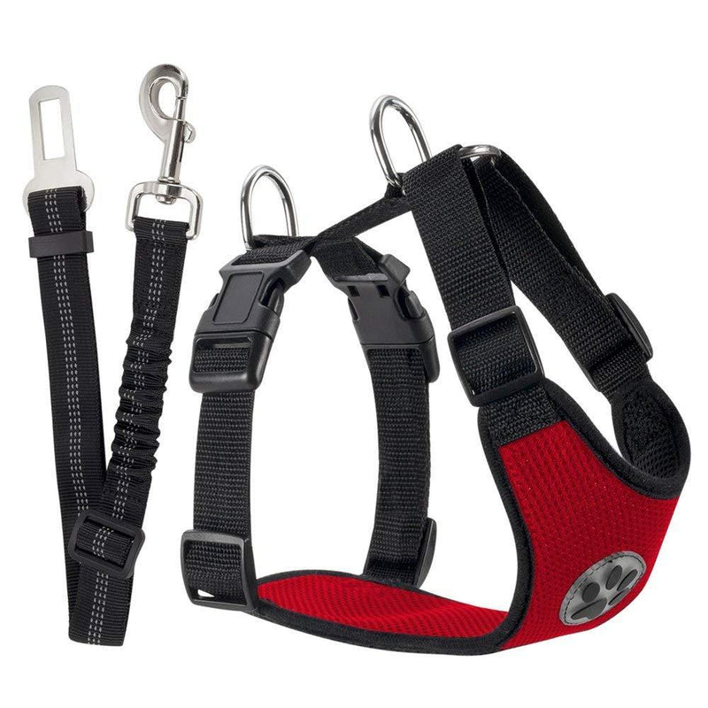 [Australia] - SlowTon Dog Car Harness Plus Connector Strap, Multifunction Adjustable Vest Harness Double Breathable Mesh Fabric with Car Vehicle Safety Seat Belt Medium Red 