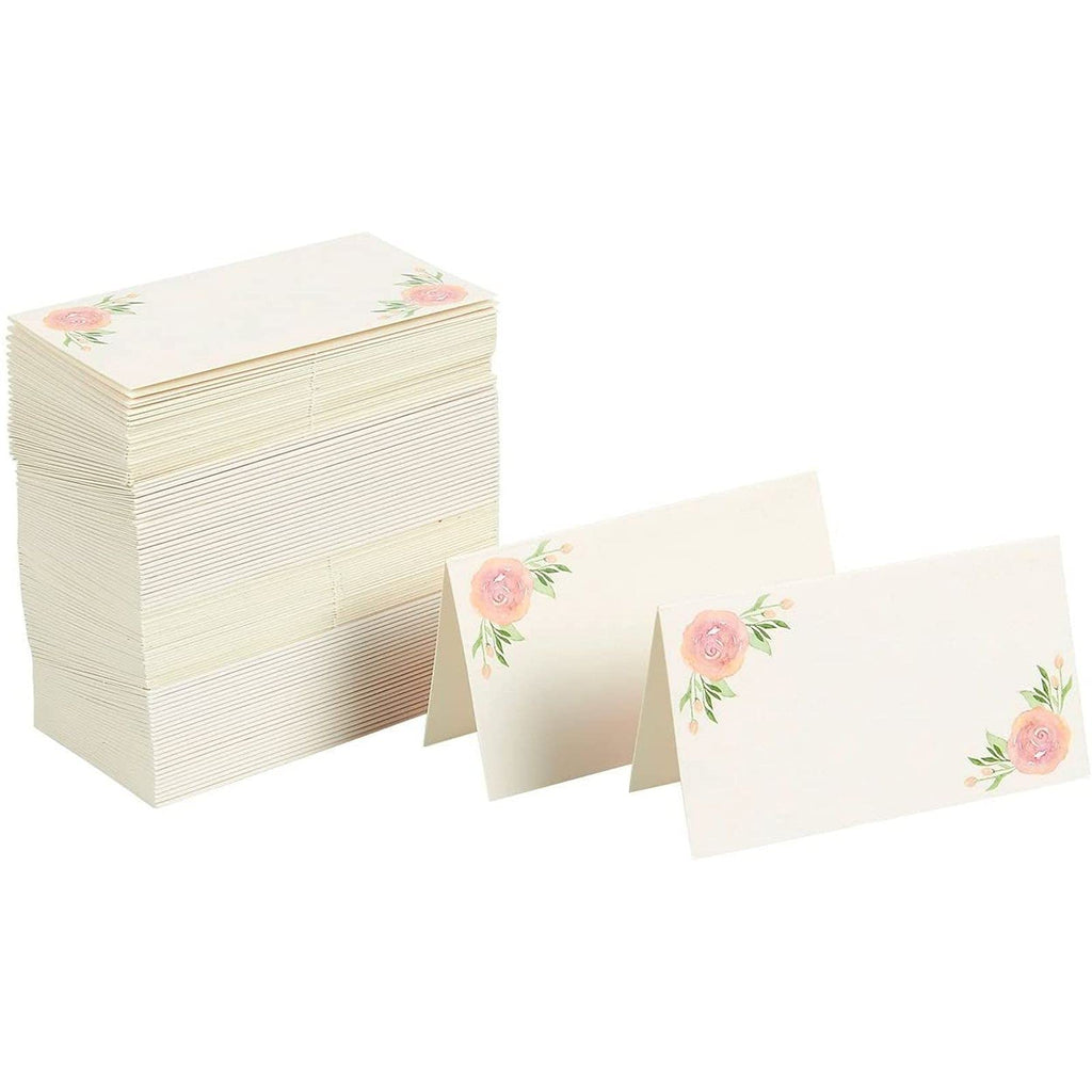 Floral Table Place Cards - 100 Piece Rose Tent Cards, Table Decorations and Party Supplies for Romantic Wedding, Banquets, Bridal Shower, Celebrations and Events, 2 x 3.5 Inches, Green and Pink - PawsPlanet Australia