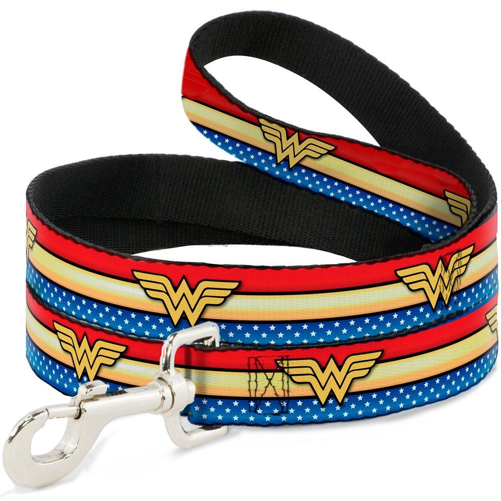 [Australia] - Buckle-Down Dog Leash Wonder Woman Logo Stripe Stars Red Gold Blue White 4 Feet Long 0.5 Inch Wide 6 Feet Long - 1" Wide 