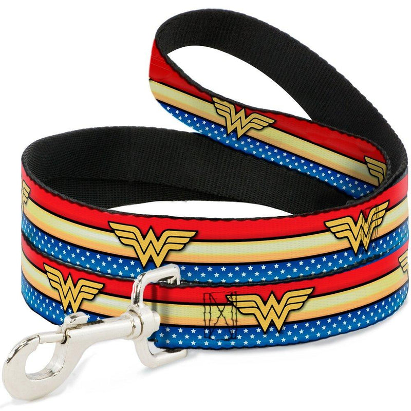 [Australia] - Buckle-Down Dog Leash Wonder Woman Logo Stripe Stars Red Gold Blue White 4 Feet Long 0.5 Inch Wide 6 Feet Long - 1" Wide 