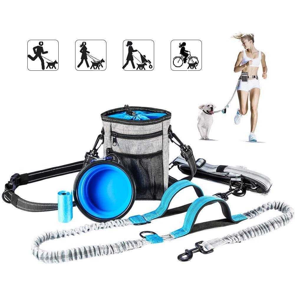 [Australia] - YOUTHINK Hands Free Dog Leash, with Training Treat Pouch, Reflective Shock Bungee Endure Up to 150 lbs, Comfort & Safe Dual Handle Waist Belt Collapsible Water 