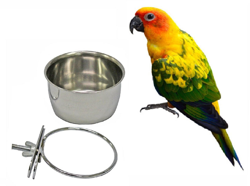 [Australia] - Bird Parrot Feeding Cups Cage Hanging Bowl Stainless Steel Perches Play Stand with Clamp - Bird Coop Cups Seed Water Food Dish Feeder Bowl 10 Ounce 