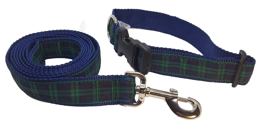 [Australia] - Preston Black Watch Tartan Dog Collar and Leash Set – Black, Blue and Green Plaid Ribbon on Blue Nylon Webbing Medium 
