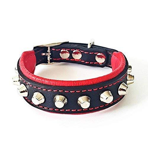 [Australia] - Bestia "Rocky Studded Dog Collar. Hand Made. French Bulldog to German Shepherd, 1 or 2 inch Wide, 100% Leather, Soft Padded, 7 Sizes, Made in Europe XS- fits a neck of 9.8 - 11.8 inch - 1 `` width Black & Red 