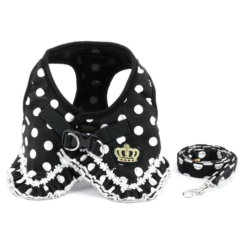 SMALLLEE_LUCKY_STORE No Pull Polka Dot Small Dog Cat Harness with Crown, Soft Mesh Padded Vest Harness and Leash Set for Girls S (chest 12.6",fit 3-5 lbs) Black - PawsPlanet Australia