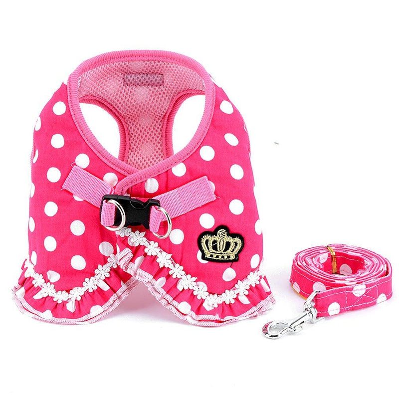 [Australia] - SMALLLEE_LUCKY_STORE No Pull Polka Dot Small Dog Cat Harness with Crown, Soft Mesh Padded Vest Harness and Leash Set for Girls M (chest 13.4") Pink 