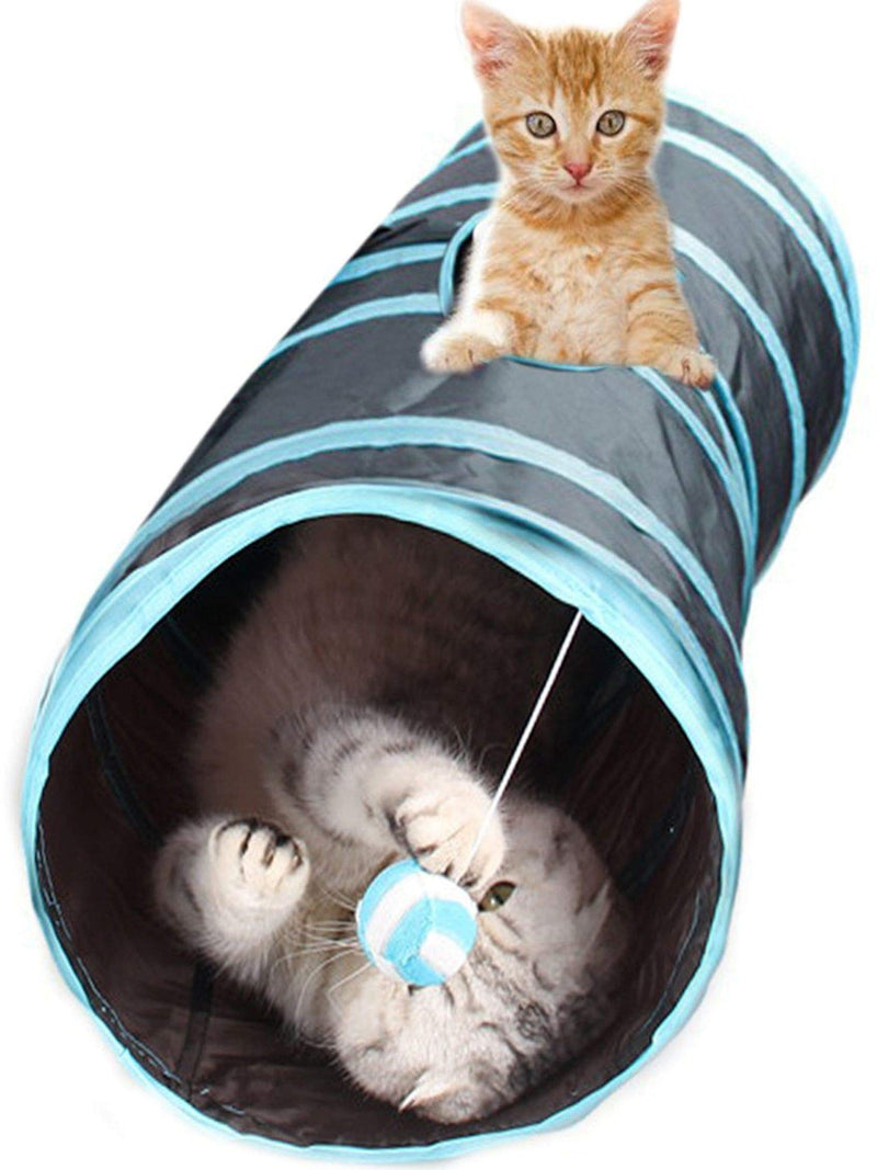 SunGrow Crinkle Cat Play Tunnel for Indoors, 36 x 10 Inches , Black and Blue Interactive Portable Kitty Collapsible Tube with Peep Hole and Crinkle Ball Toy, Polyester , 1 Pc per Pack - PawsPlanet Australia