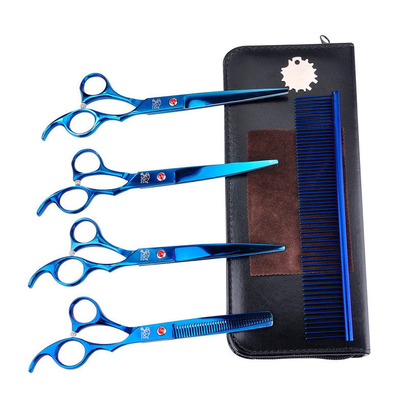 Dog grooming scissors set kit table cutting face paws groomer Thinning Straight Curved shear buttercut blades large finger holes professional supplies for small dogs cats horses 5pcs-Blue - PawsPlanet Australia