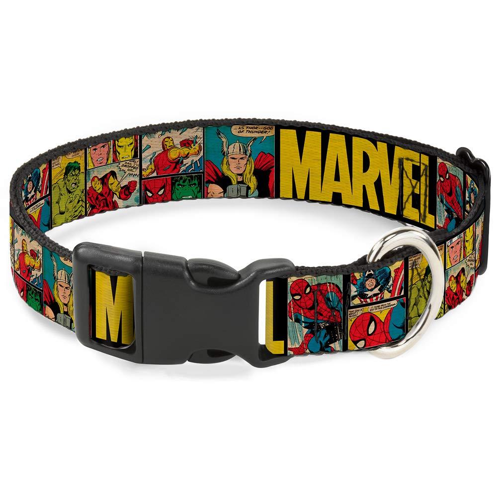 [Australia] - Buckle-Down Dog Collar Plastic Clip Marvel Retro Comic Panels Black Yellow Available In Adjustable Sizes For Small Medium Large Dogs 1" Wide-Fits 9-15" Neck-Small 