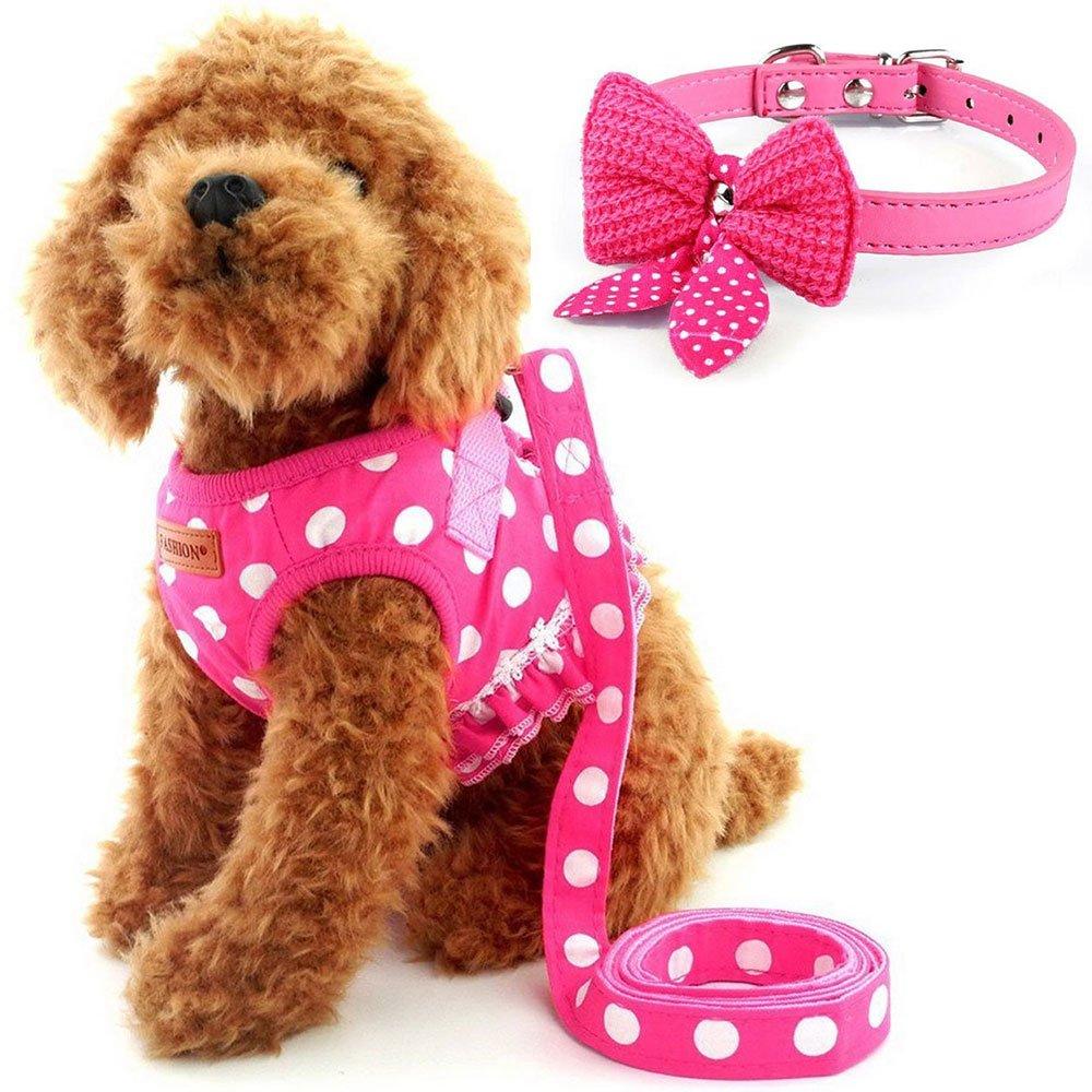 [Australia] - Cute Small Dog Harness, Ladies Polka Dots Dog Vest Harness Set with Pink Leash and Bowknot Collar, 3 in 1 Girl Style Vest Harness Set for Puppy and Cat S 