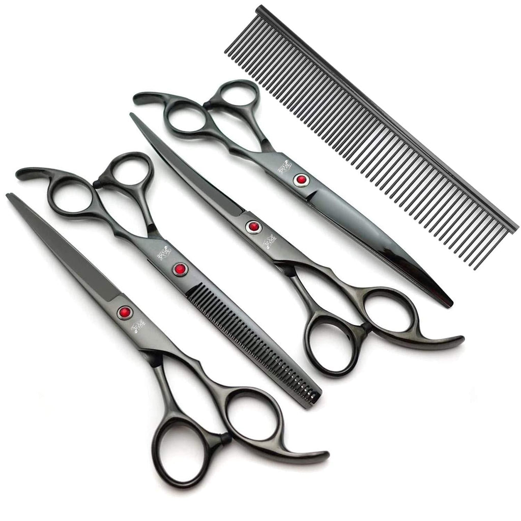 Dog grooming scissors set kit table cutting face paws groomer Thinning Straight Curved shear buttercut blades large finger holes professional supplies for small dogs cats horses 5pcs-Black - PawsPlanet Australia