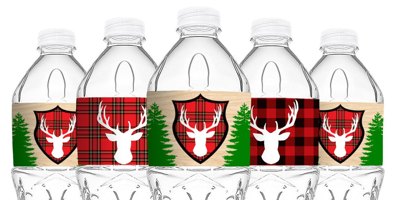 POP parties Woodland Reindeer Bottle Wraps - 20 Lumberjack Water Bottle Labels - Reindeer Lumberjack Camping Decorations - Made in The USA - PawsPlanet Australia