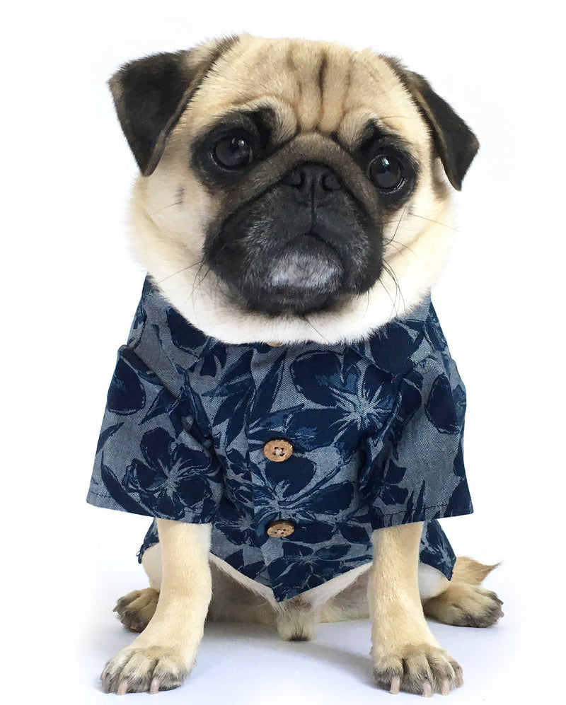 [Australia] - Dog Threads™ Cool Breeze BBQ Shirt Denim Floral Print Button Down Dog Shirt Navy L (chest 24"-28") 