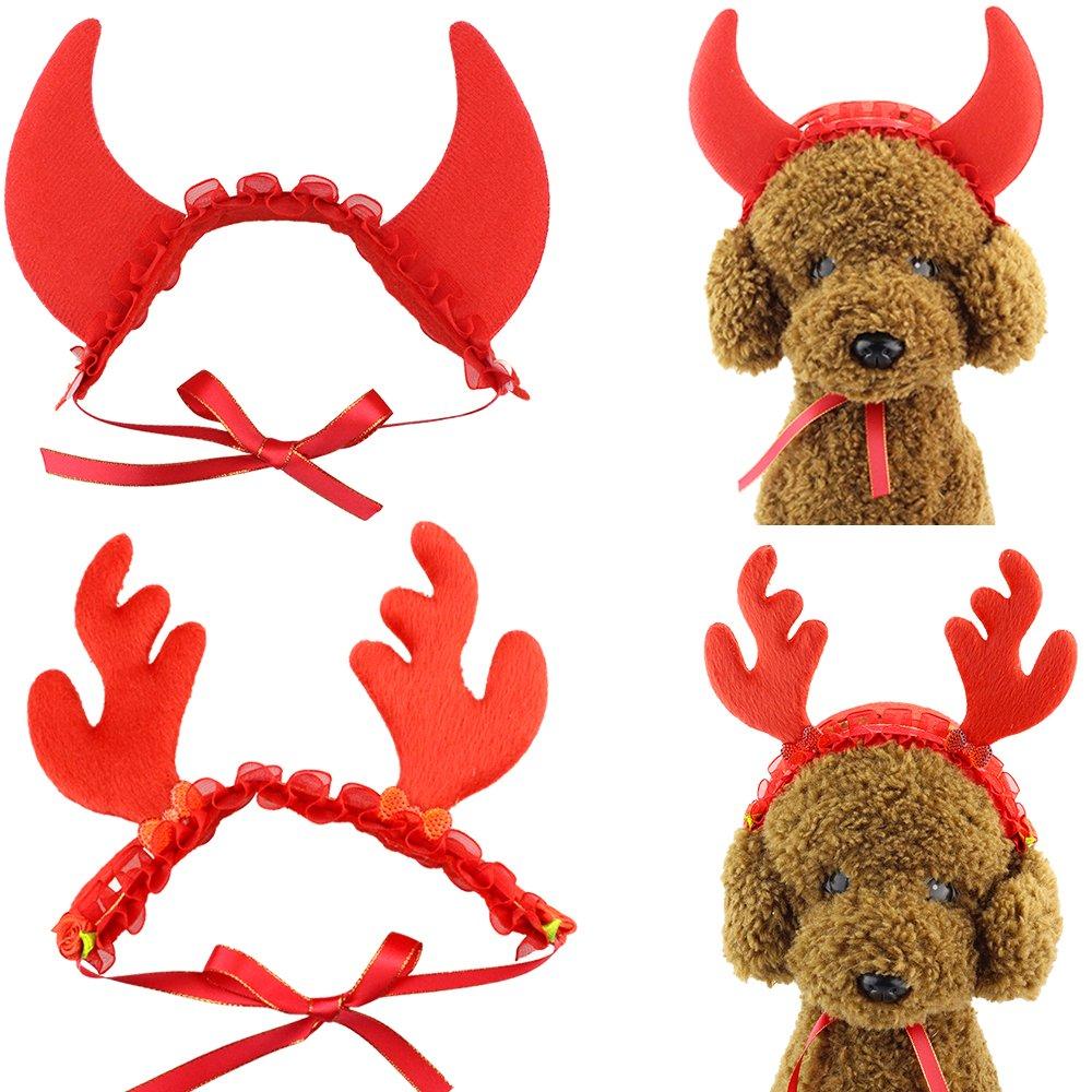 Wiz BBQT 2 Pcs Cat Dog Pet Halloween Devil Horns and Christmas Reindeer Horns Hair Head Bands Accessories in Red for Kitten Puppy Small Dogs Cats Pets - PawsPlanet Australia