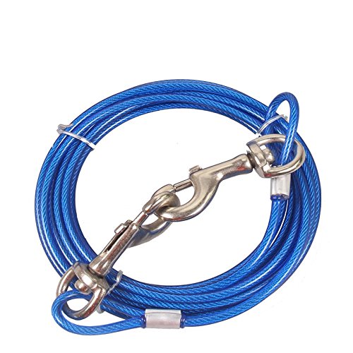 Pet Tie Out Cable for Dogs - Double Heads Steel Wire Tieout Leash Chew Resistant Dogs Metal Leash for Camping Outdoor Yard 3m/10Ft Blue - PawsPlanet Australia