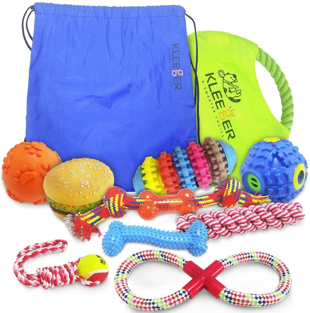 [Australia] - KLEEGER Dog Toy Set: Durable 10-Pack Puppy Toy Package with Storage Bag, Top Interactive Puppy Chewing & Teething Toys/Keep Your Dog Active & Happy Indoors & Outdoors (Squeaky Mix) 