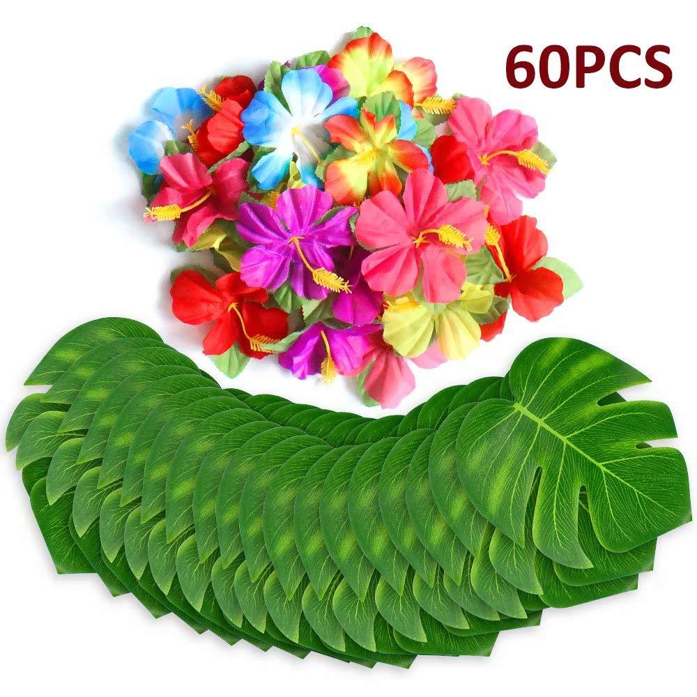 60Pcs Tropical Party Decorations Supplies Tropical Palm Leaves Hibiscus Flowers Simulation Artificial Leaf for Hawaiian Luau Safari Party Jungle Beach Theme BBQ Birthday Party Decorations Table Decor - PawsPlanet Australia