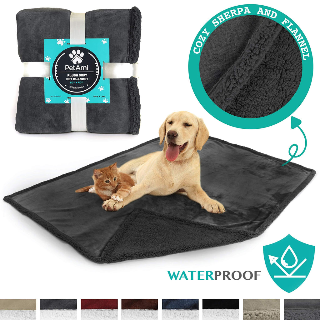 [Australia] - PetAmi Waterproof Dog Blanket for Bed, Couch, Sofa | Waterproof Dog Bed Cover for Large Dogs, Puppies | Sherpa Fleece Pet Blanket Furniture Protector | Reversible Microfiber 50 x 40 Inches Gray/Gray Sherpa 