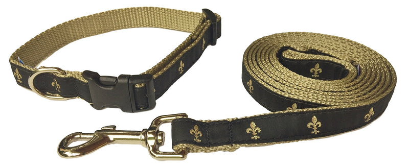 [Australia] - Preston Fleur De Lis Dog Collar and Leash Set in Black and Gold Ribbon on Gold Nylon Webbing Small 