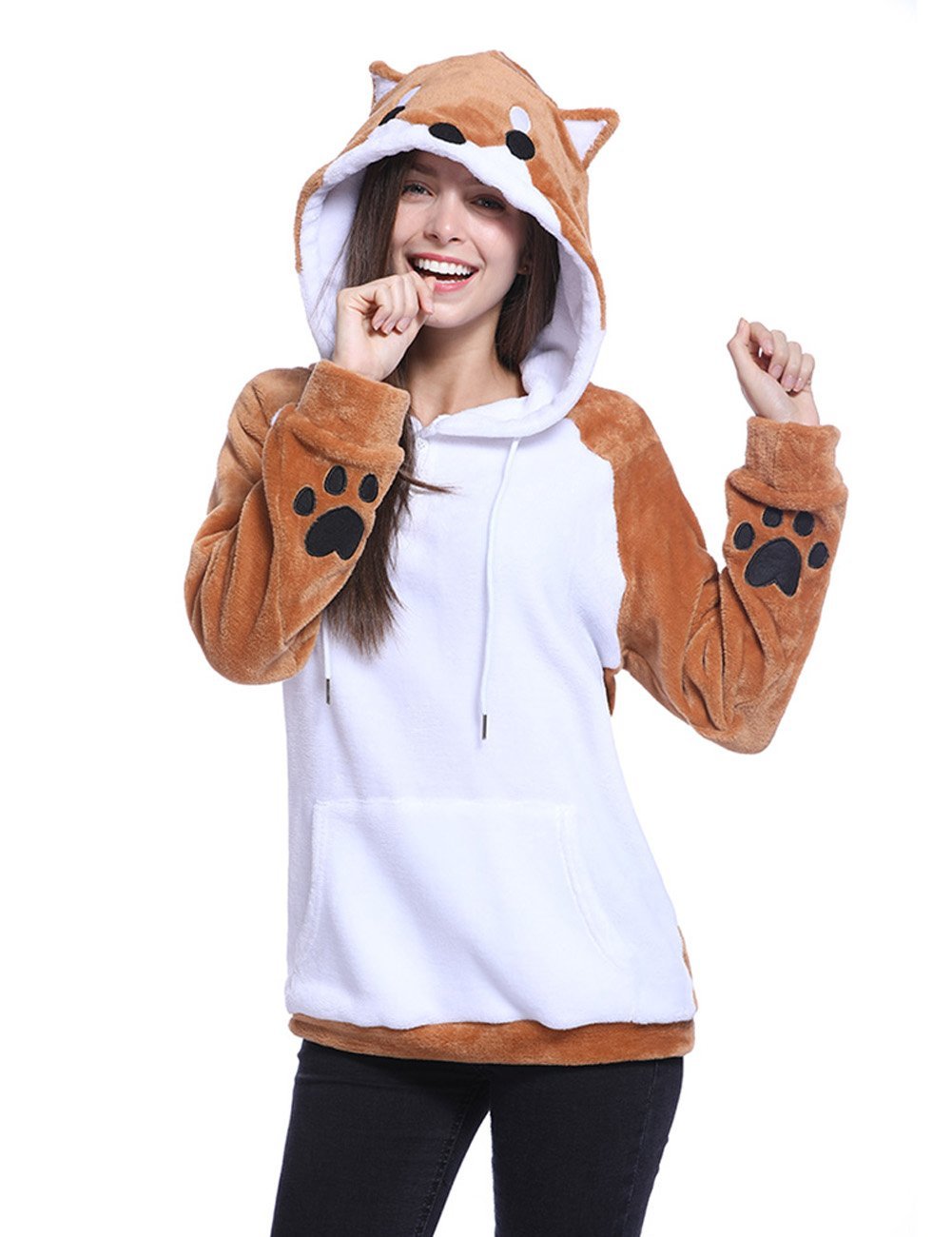 [Australia] - Fancyqube Women's Cute Coral Fleece Shiba Inu Dog Kangaroo Pocket Hoodies with 3D Dog Ear and Dog Tail… White Small 