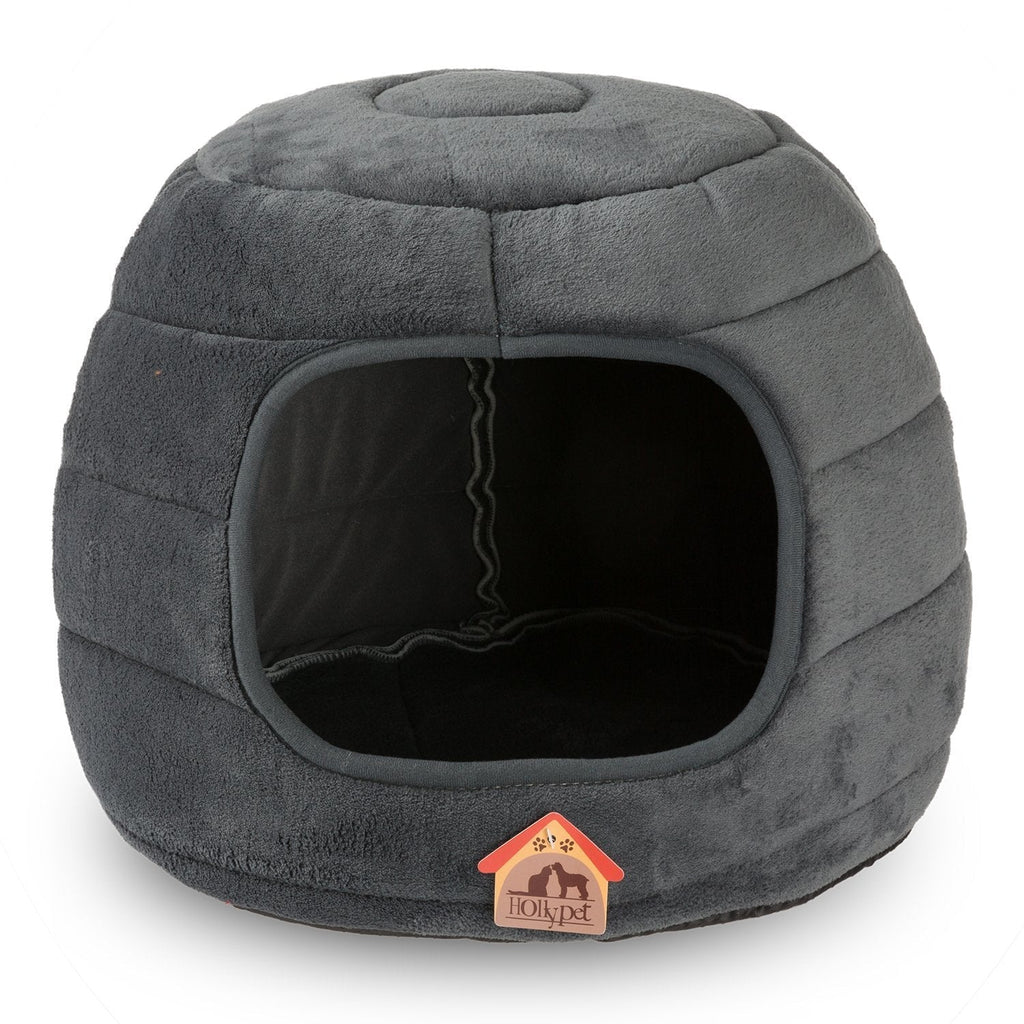 [Australia] - Hollypet Self-Warming 2 in 1 Foldable Cave Shape High Elastic Foam Pet Cat Bed for Cats and Small Dogs, 16 × 16 × 12.5 Inches Dark Gray 