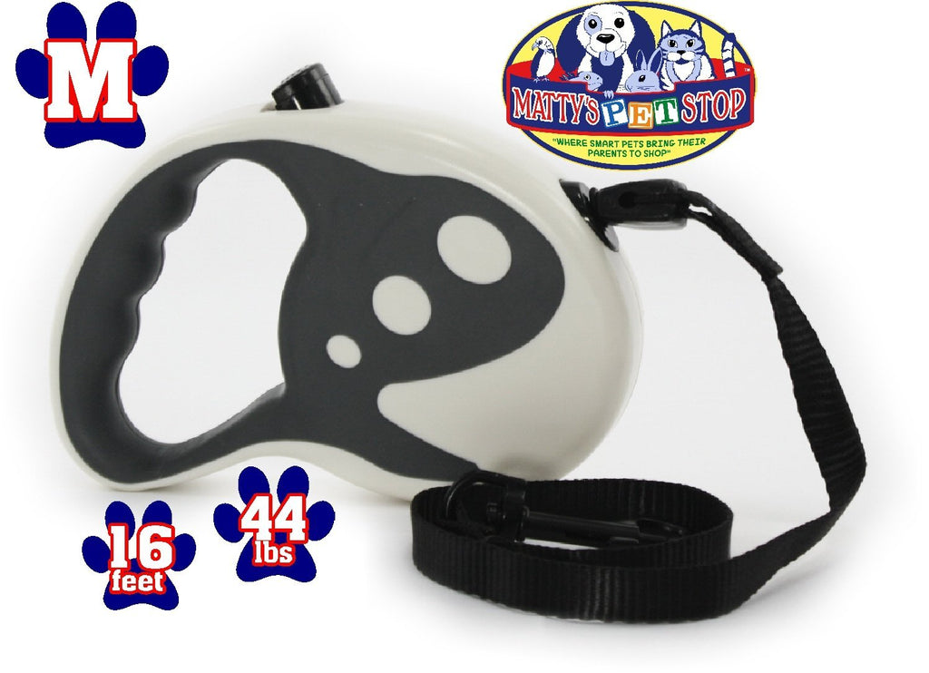 [Australia] - Matty's Pet Stop Retractable Dog Leash, 16 Ft for Medium Dogs up to 44 Pounds, Tangle Free, One Button Break & Lock - White & Grey 