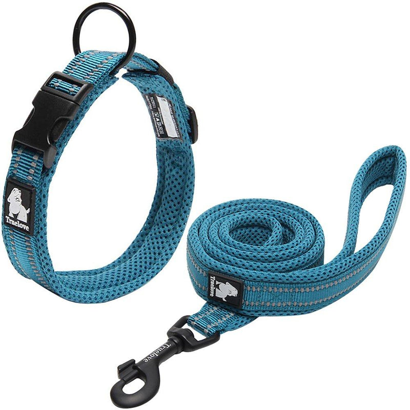 [Australia] - Creation Core Reflective Nylon Dog Collar and Training Leash Set for All Season Padded Durable Adjustable L(17.7-19.7") Blue 