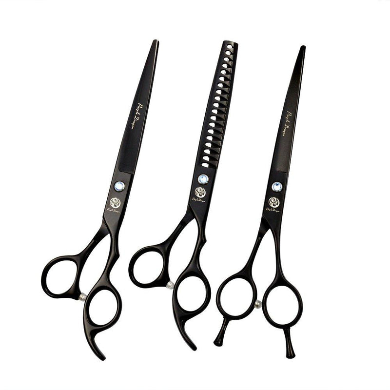 Purple Dragon 7.0/8.0 inch Professional Dog Grooming Hair Cutting Scissor &Curved Scissor&Chunker Shear Kit with Bag - for Pet Groomer or Family DIY Pet Use 7.0 inch Black - PawsPlanet Australia