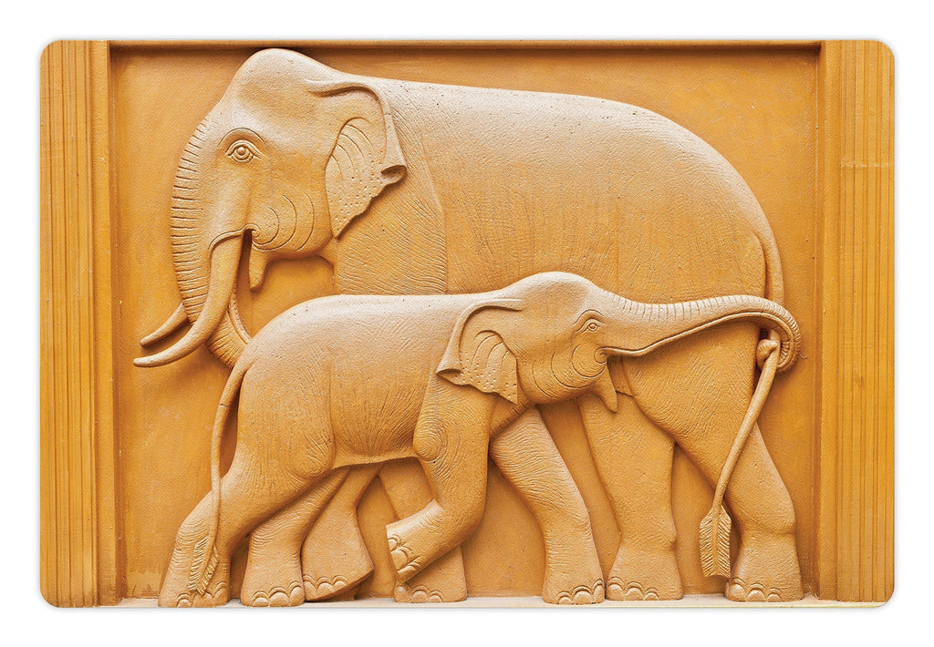 [Australia] - Lunarable Retro Pet Mat for Food and Water, Carved Wooden Mother Child Baby Elephants Animals Design, Non-Slip Rubber Mat for Dogs and Cats, 18" X 12", Mustard Apricot 