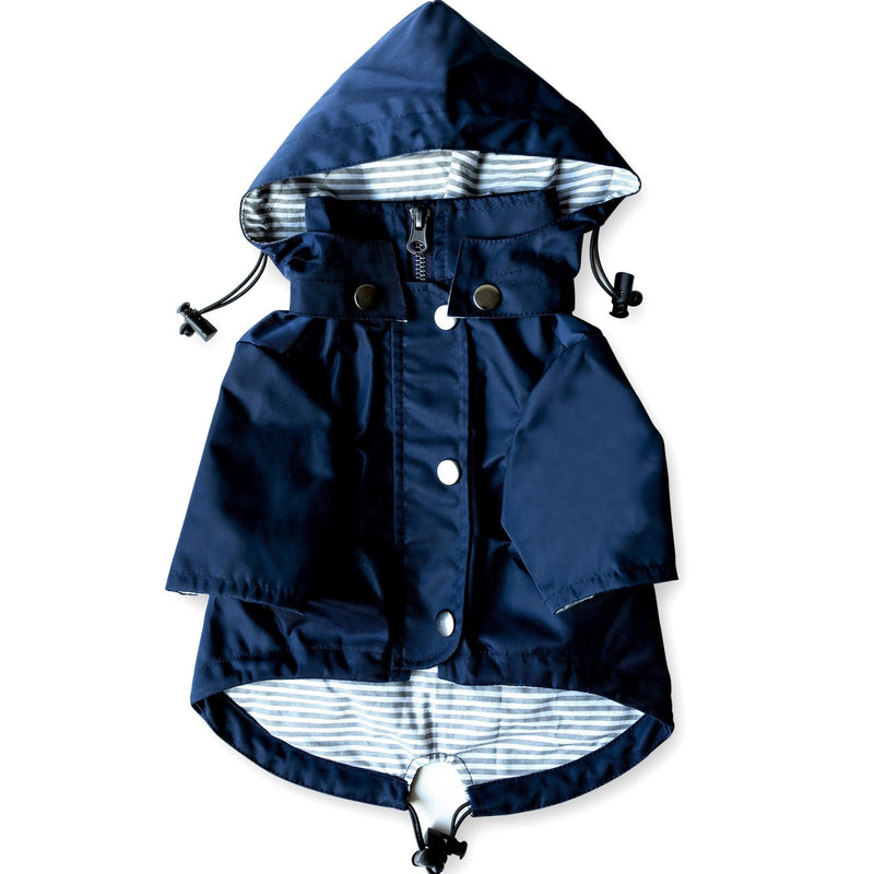 Navy Blue Zip Up Dog Raincoat with Reflective Buttons, Pockets, Rain/Water Resistant, Adjustable Drawstring, & Removable Hood - Size XS to XXL Available - Stylish Premium Dog Raincoats by Ellie - PawsPlanet Australia
