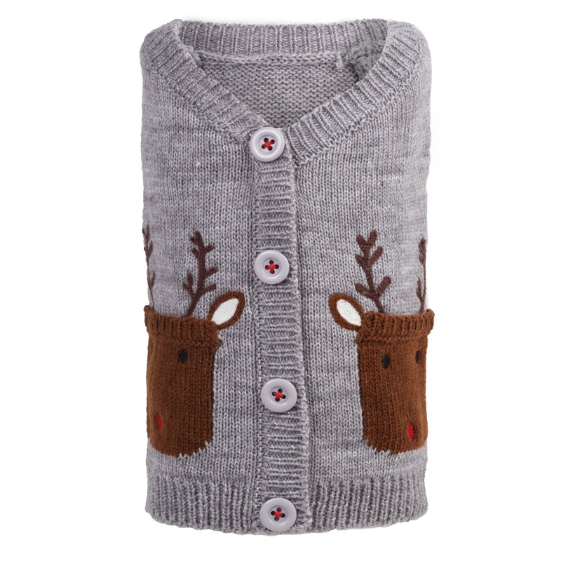 The Worthy Dog Reindeer Cardigan Sweater with V-Neck Cute, Soft, Comfortable, Warm, Cold Winter Clothes Fits Small, Medium and Large Dogs - Gray Color - PawsPlanet Australia
