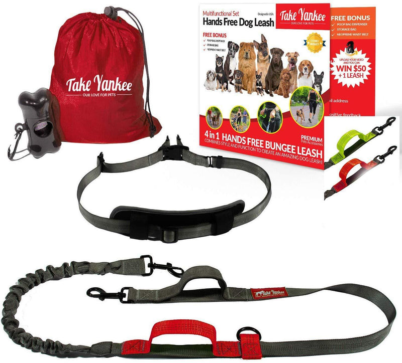 [Australia] - TAKE YANKEE Hands Free Dog Leash + Training Running Walking Leash & Double Leash Set, Fits 2 Dogs + Reflective Leash • Adjustable Waist Belt + Strong Bungee Leash + Poop Bag Holder TWO Dogs RED 