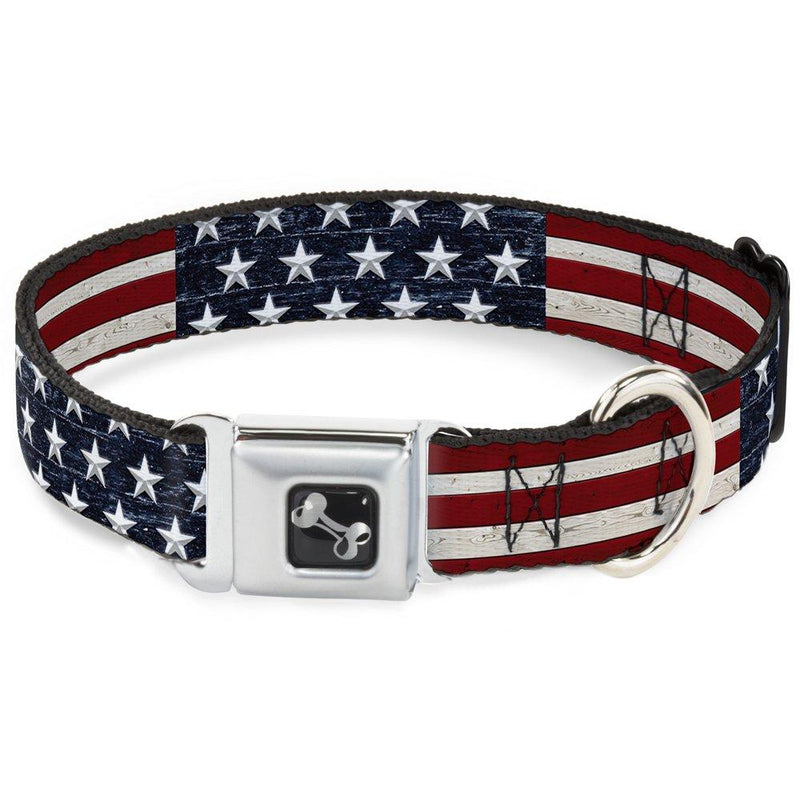 [Australia] - Buckle-Down Seatbelt Buckle Dog Collar - Americana Rustic Stars & Stripes 1.5" Wide - Fits 18-32" Neck - Large 