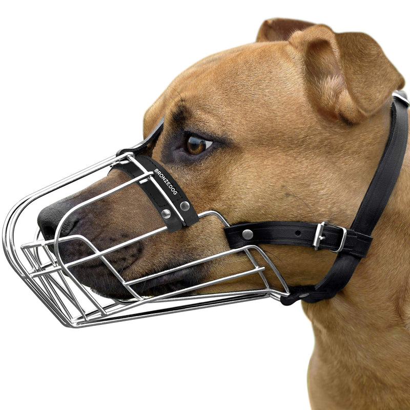 [Australia] - BronzeDog Pitbull Dog Muzzle Wire Basket Amstaff Pit Bull Metal Mask Adjustable Leather Straps Medium 