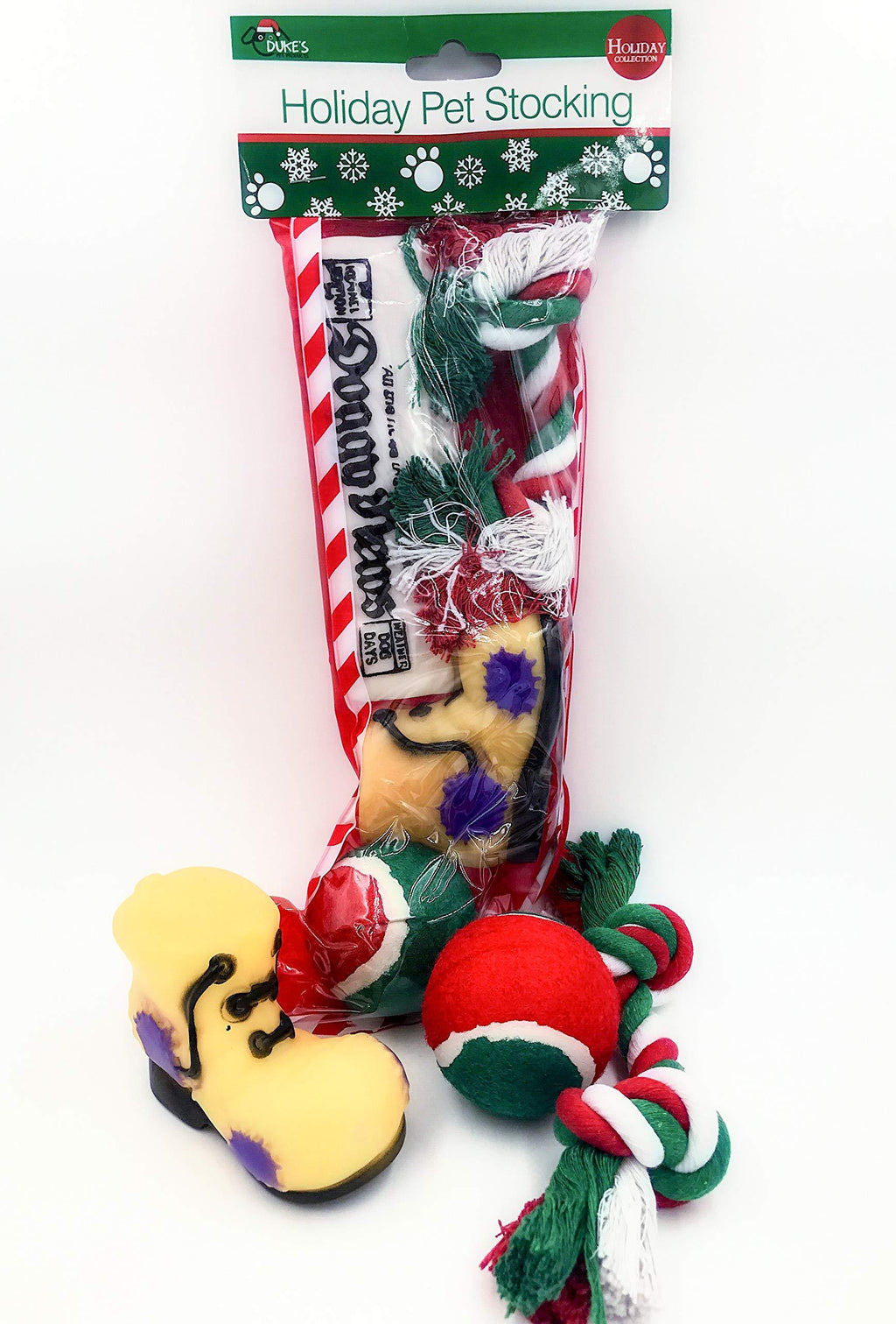 [Australia] - Christmas Stocking for Dogs. Pack of Squeaky newspaper toy, squeaky boot toy, a red, green and white tennis ball and a red, white and green cotton knotted rope. 