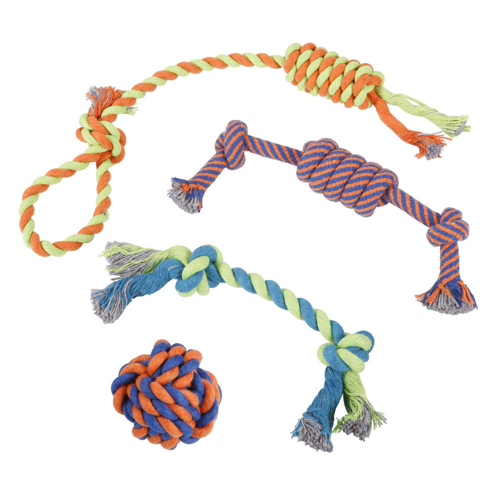 Dog Chew Rope Toys – Set of 4 Ropes - for Large, Small Teething Pets – All Puppy Breeds Aggressive Chewers – 100% Cotton for Natural Floss – with Ball, Tough Teething Rope, Tug-of-War & Fetching Bone - PawsPlanet Australia