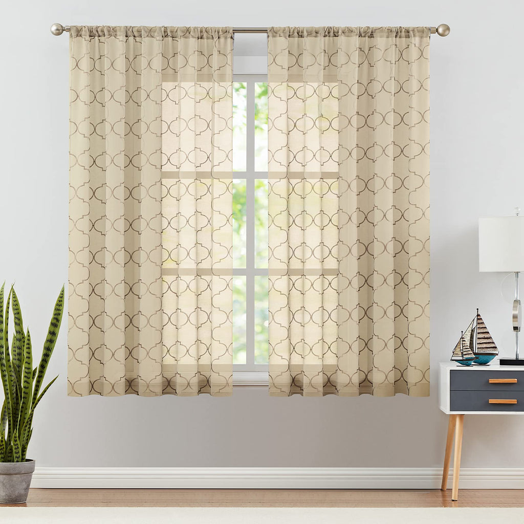 Tile Sheer Curtains for Bedroom Geometry Lattice Embroidery Voile Sheer Curtains for Living Room Quatrefoil Window Treatment Set 63 inches Long Taupe W55 x L63 #Taupe - PawsPlanet Australia
