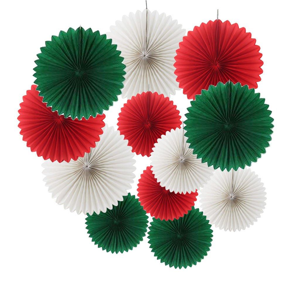 Ipalmay 12PCS Assorted Colors Hanging Tissue Paper Fans for Christmas Decorations(14", 10", Christmas Green, Red, White) - PawsPlanet Australia