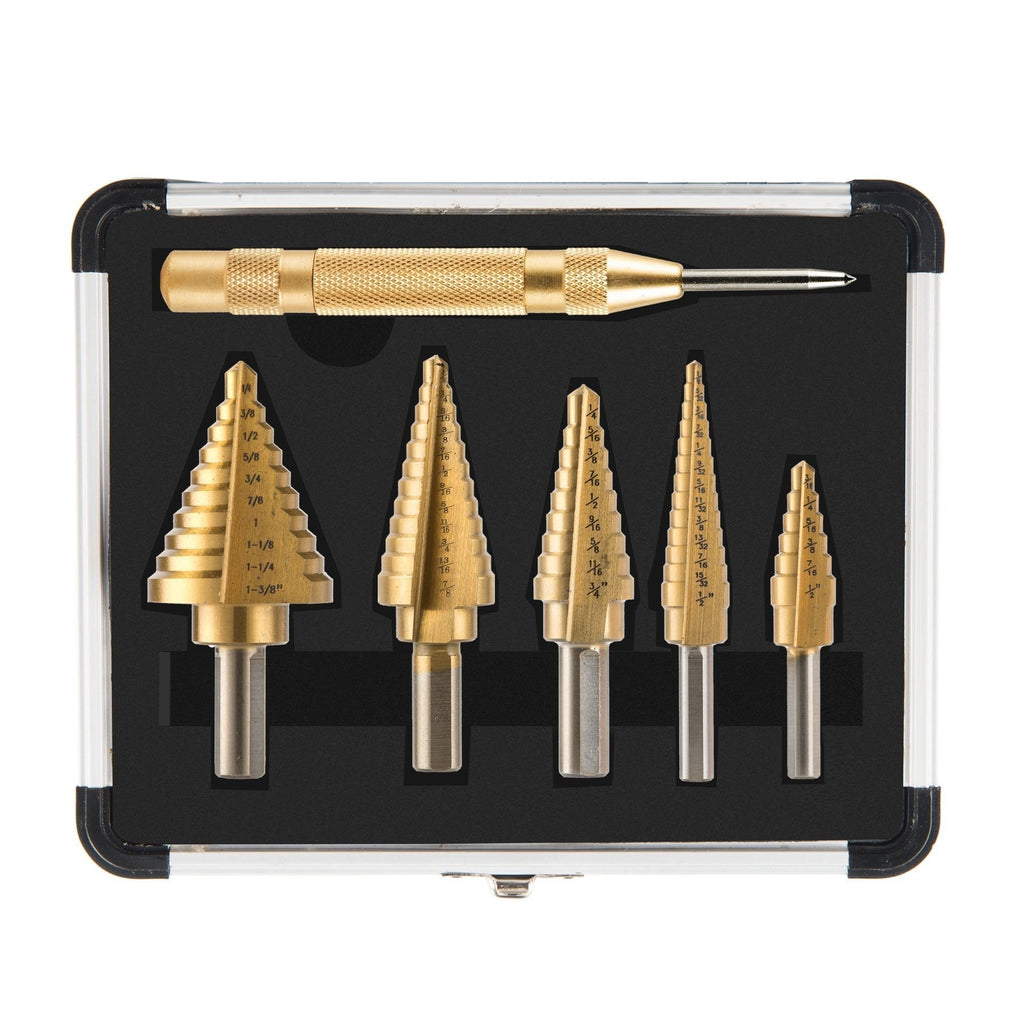 CO-Z HSS 5PCS Titanium Step Drill Bit Set with Automatic Center Punch, 50 Sizes in 5 High Speed Steel Drill Bits Set for Sheet Metal with Aluminum Case, Multiple Hole Stepped Up Bits for DIY Lovers - PawsPlanet Australia